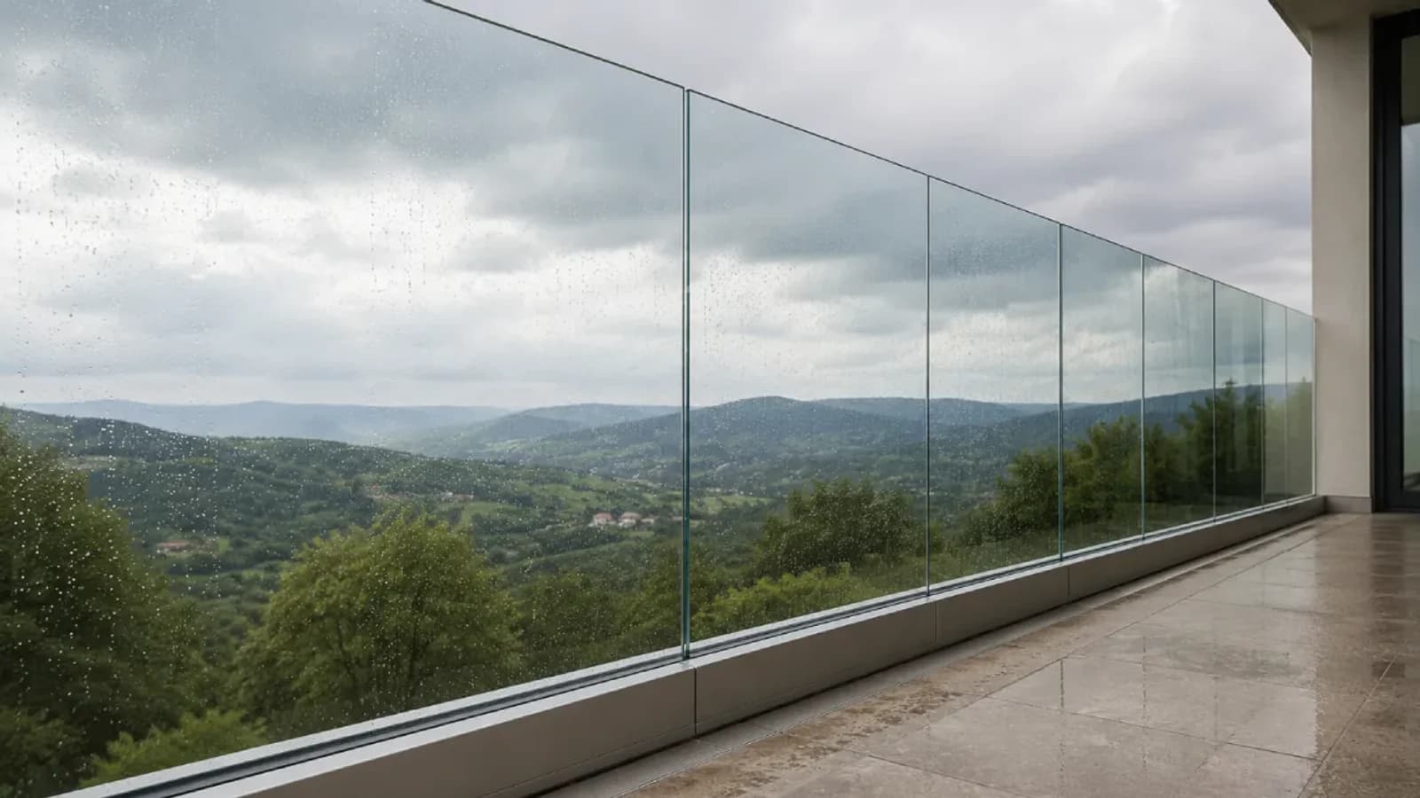 Staklena ograda od laminiranog stakla u podnom profilu na terasi, kapi kiše na panelima i brdovit pejzaž iza