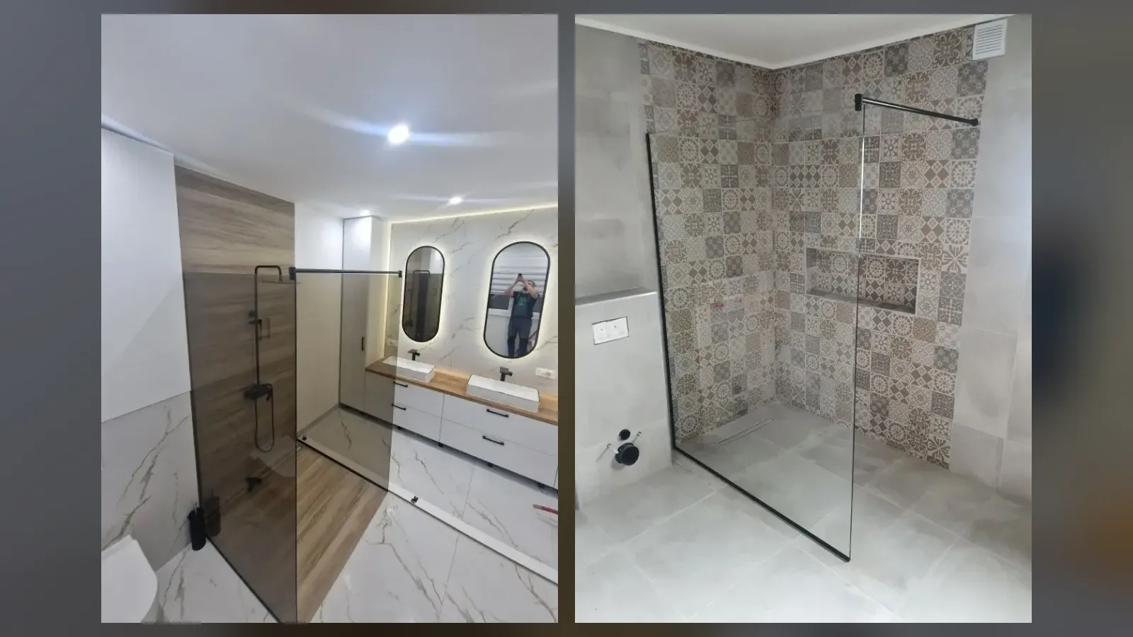 Dvije walk-in tuš kabine po mjeri iz naših radova, stjenka od parsol bronza stakla sa crnim okovom i prozirna fiksna stjenka uz dekorativne pločice
